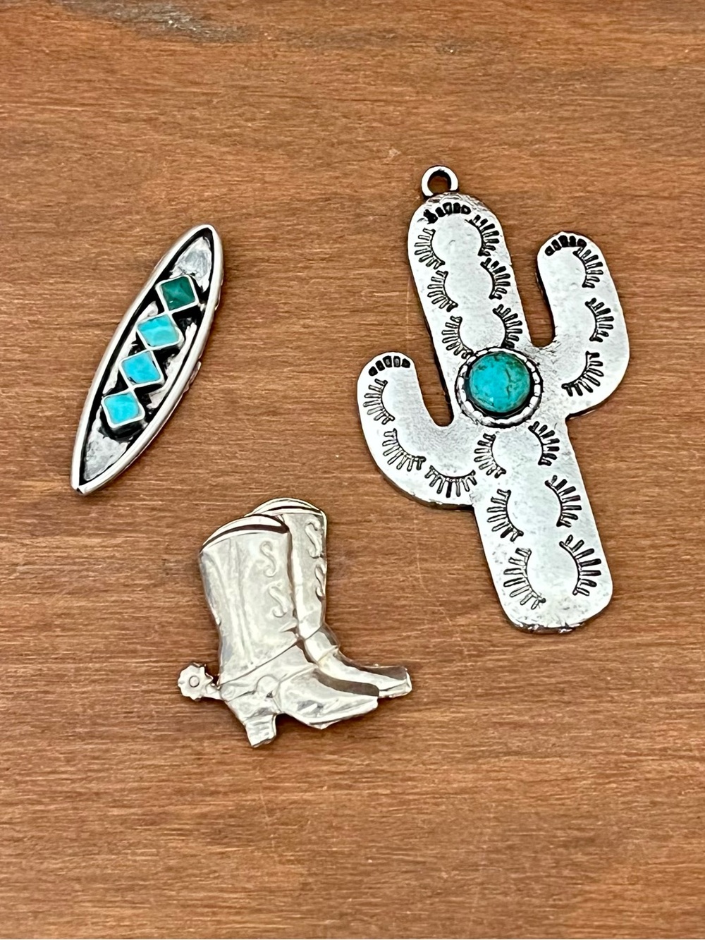 3pc Western Charm Lot Zuni Style Navette Turquoise Cactus Cowboy Boot Silver